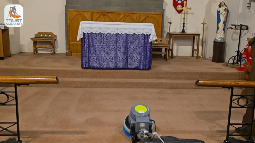 Rotary carpet cleaning in front of the altar at St Andrews Church Netherton - Trust Cleaner - Carpet & Upholstery Specialists Rotary carpet cleaning in front of the altar at St Andrew's Church, Netherton