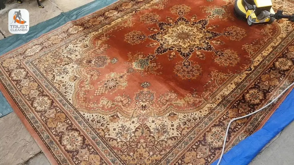 A traditional patterned rug cleaned on a protective sheet